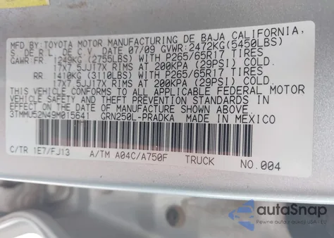 2009 Toyota Tacoma Base V6 z USA, uszkodzony, nr VIN 3TMMU52N49M015641